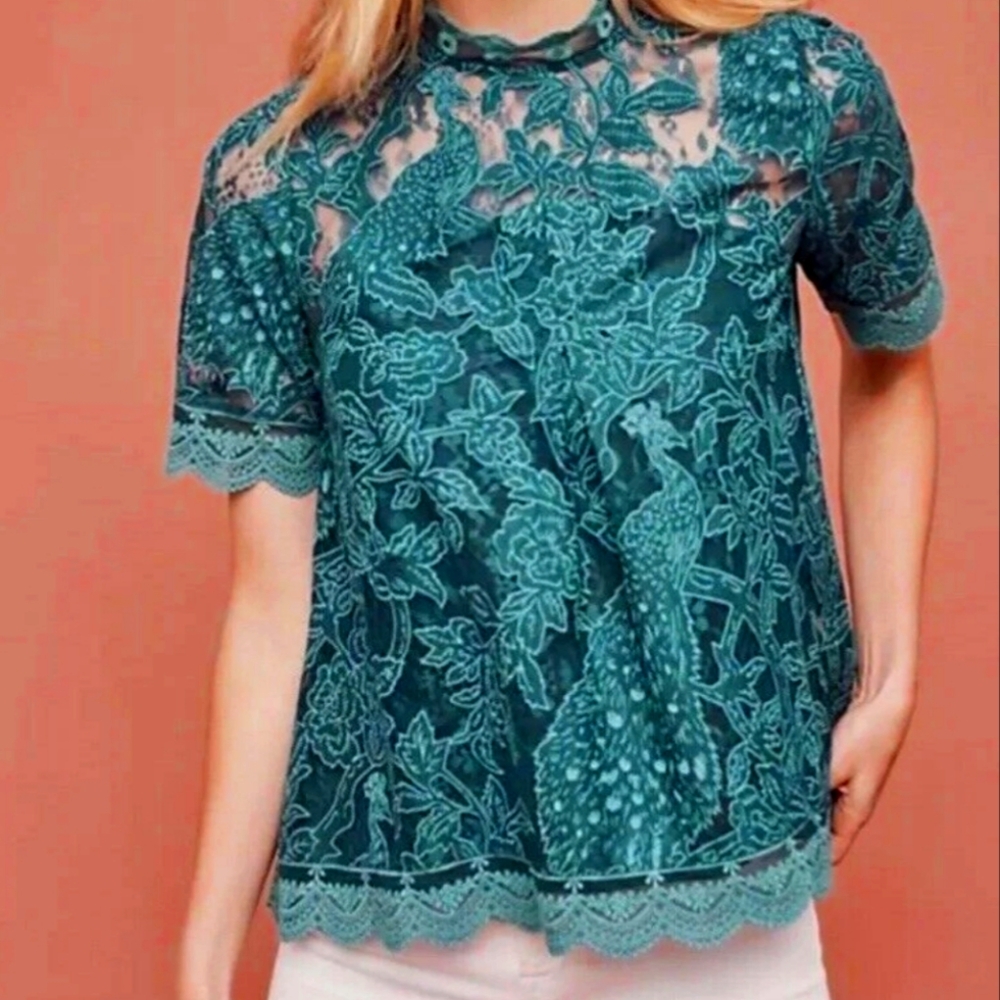 Anthropologie Green Scalloped Lace Blouse